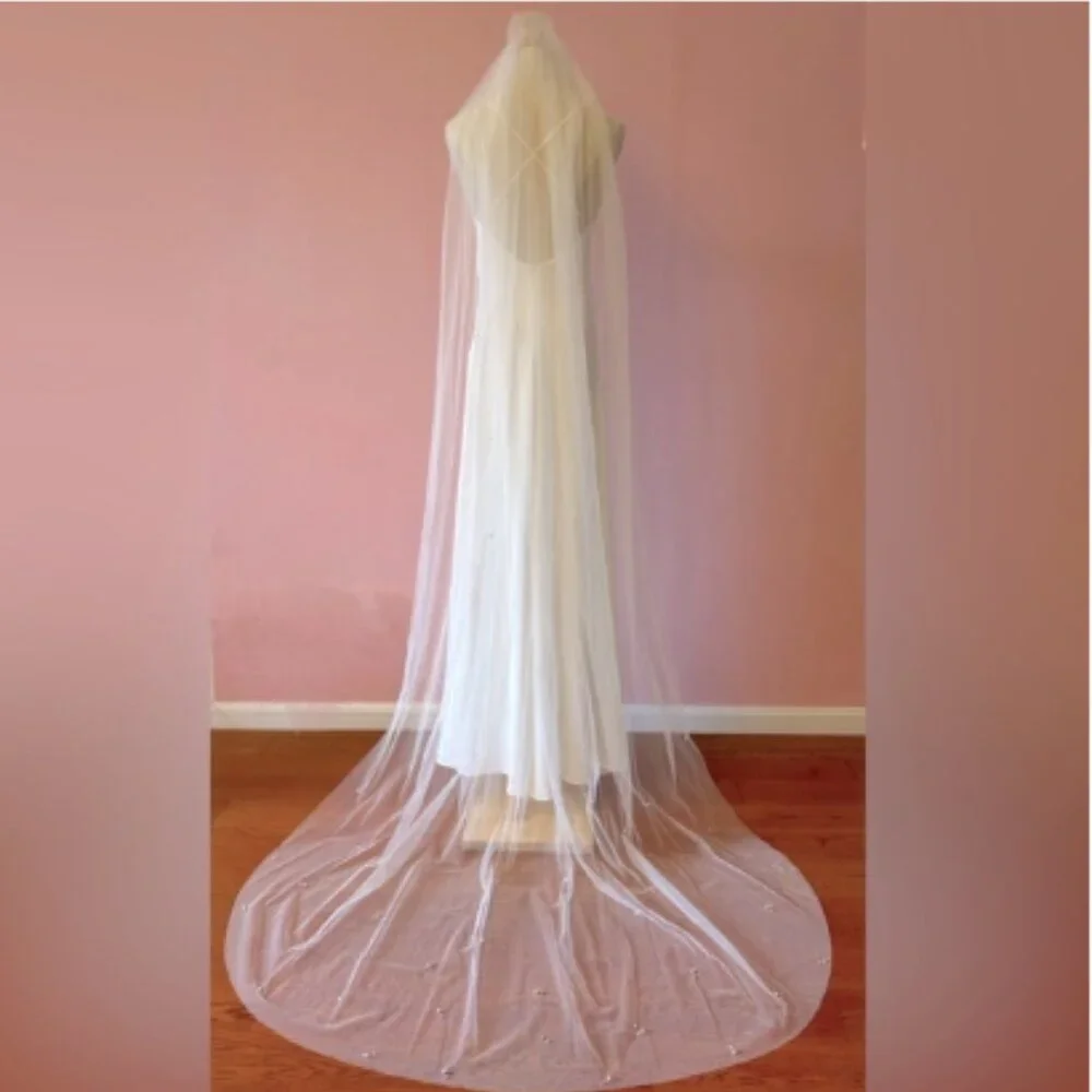 Beaded Pearl Wedding Veil Chapel Length
